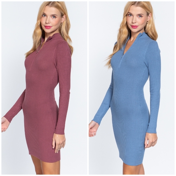 Dark Mauve Sweater Ribbed Fitted Long Sleeves Dress - Picture 6 of 7